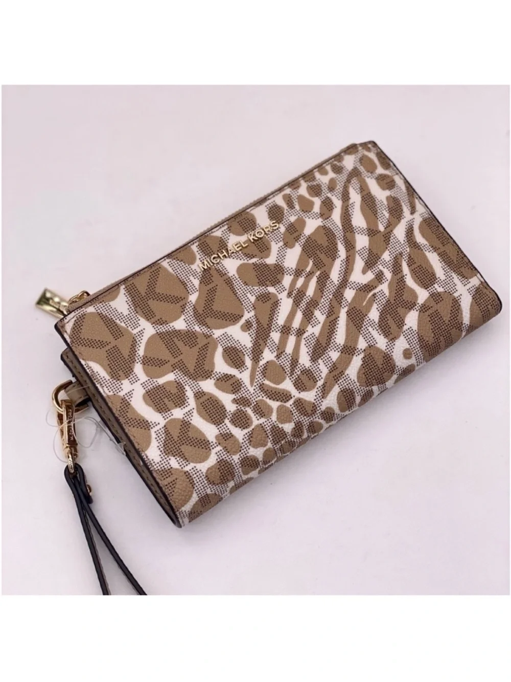 Michael Kors Animal Print Wristlet in Khaki and Cream with Gold Hardware